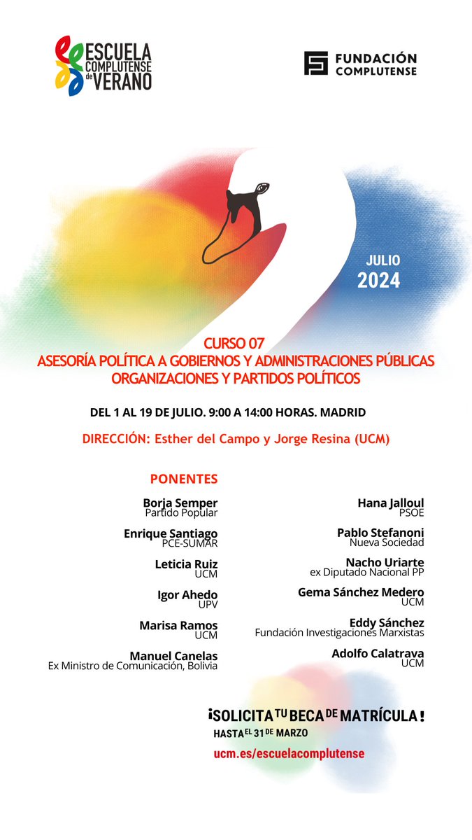 Jorge Resina (@jorgeresina) on Twitter photo 📢 Asesoría Política a Gobiernos y Administraciones Públicas: Organizaciones y Partidos Políticos
👉Con <a href="/bsemper/">Borja Sémper</a> <a href="/EnriqueSantiago/">Enrique Santiago</a> <a href="/jalloul_hana/">Hana Jalloul Muro</a> <a href="/PabloAStefanoni/">Pablo Stefanoni</a> <a href="/IgorAhedo/">Igor Ahedo</a> <a href="/ManuCanelas/">Manuel Canelas</a> <a href="/nacho_uriarte/">Nacho Uriarte</a> <a href="/EddyIU/">Eddy Sánchez</a> <a href="/MarisaRamos4/">Marisa Ramos</a> <a href="/calatravag/">Adolfo Calatrava</a>
📤Becas hasta 31/03 ucm.es/escuelacomplut… 📢 Asesoría Política a Gobiernos y Administraciones Públicas: Organizaciones y Partidos Políticos
👉Con <a href="/bsemper/">Borja Sémper</a> <a href="/EnriqueSantiago/">Enrique Santiago</a> <a href="/jalloul_hana/">Hana Jalloul Muro</a> <a href="/PabloAStefanoni/">Pablo Stefanoni</a> <a href="/IgorAhedo/">Igor Ahedo</a> <a href="/ManuCanelas/">Manuel Canelas</a> <a href="/nacho_uriarte/">Nacho Uriarte</a> <a href="/EddyIU/">Eddy Sánchez</a> <a href="/MarisaRamos4/">Marisa Ramos</a> <a href="/calatravag/">Adolfo Calatrava</a>
📤Becas hasta 31/03 ucm.es/escuelacomplut…