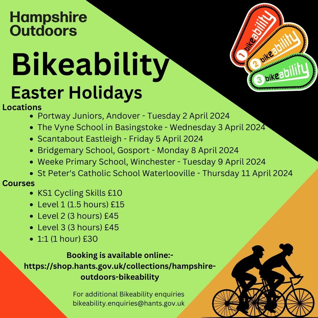 Improve your bike skills in a fun and engaging way. 🚴🏼 Hampshire Outdoors are offering a range of Bikeability and cycling courses throughout the Easter holidays. At six locations across the county. For further information and booking at: shop.hants.gov.uk/collections/ha…