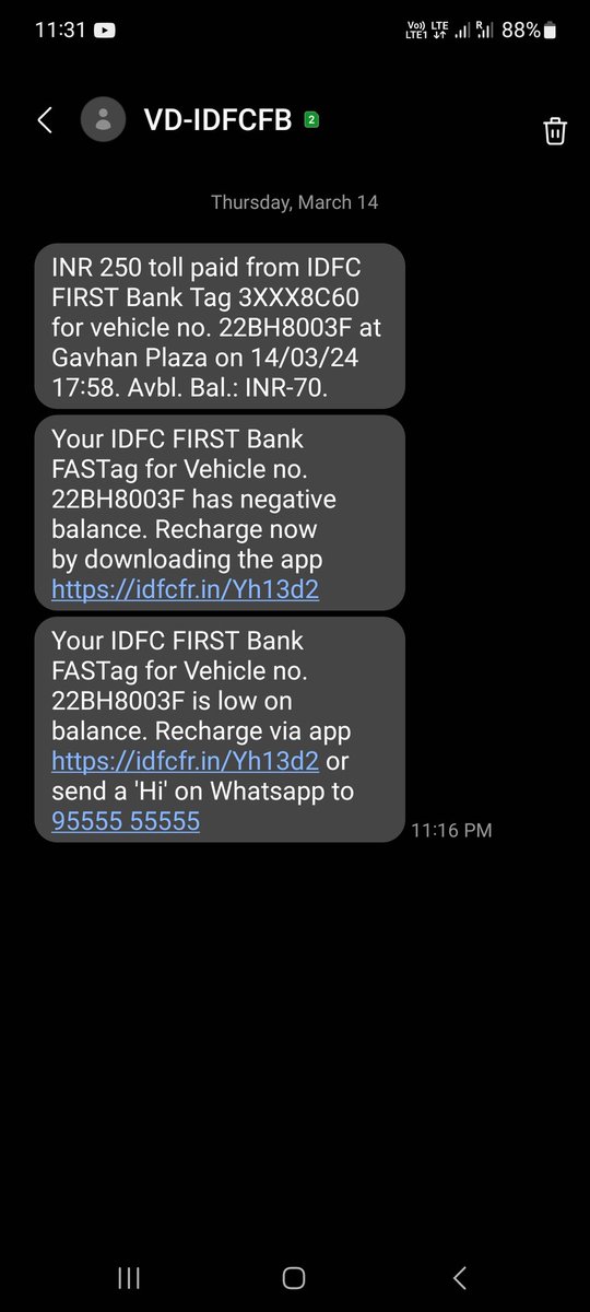 Sahsirr's tweet photo. @IDFCFIRSTBank @nitin_gadkari mera car Jaipur me ghar pe parked hai aur Mumbai me toll kat gaya at Gavhan plaza. How is it possible? Please refund my money. https://t.co/pCUrPDud1W