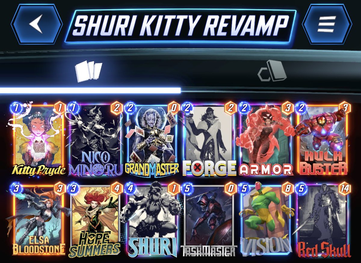Tuccrr's tweet photo. SHURI KITTY WITH THE X-MEN BUFFS 👀

Swapped out Ravonna for Forge with the active event!

⬇️Deck Code BELOW⬇️ https://t.co/BDnE70sfch