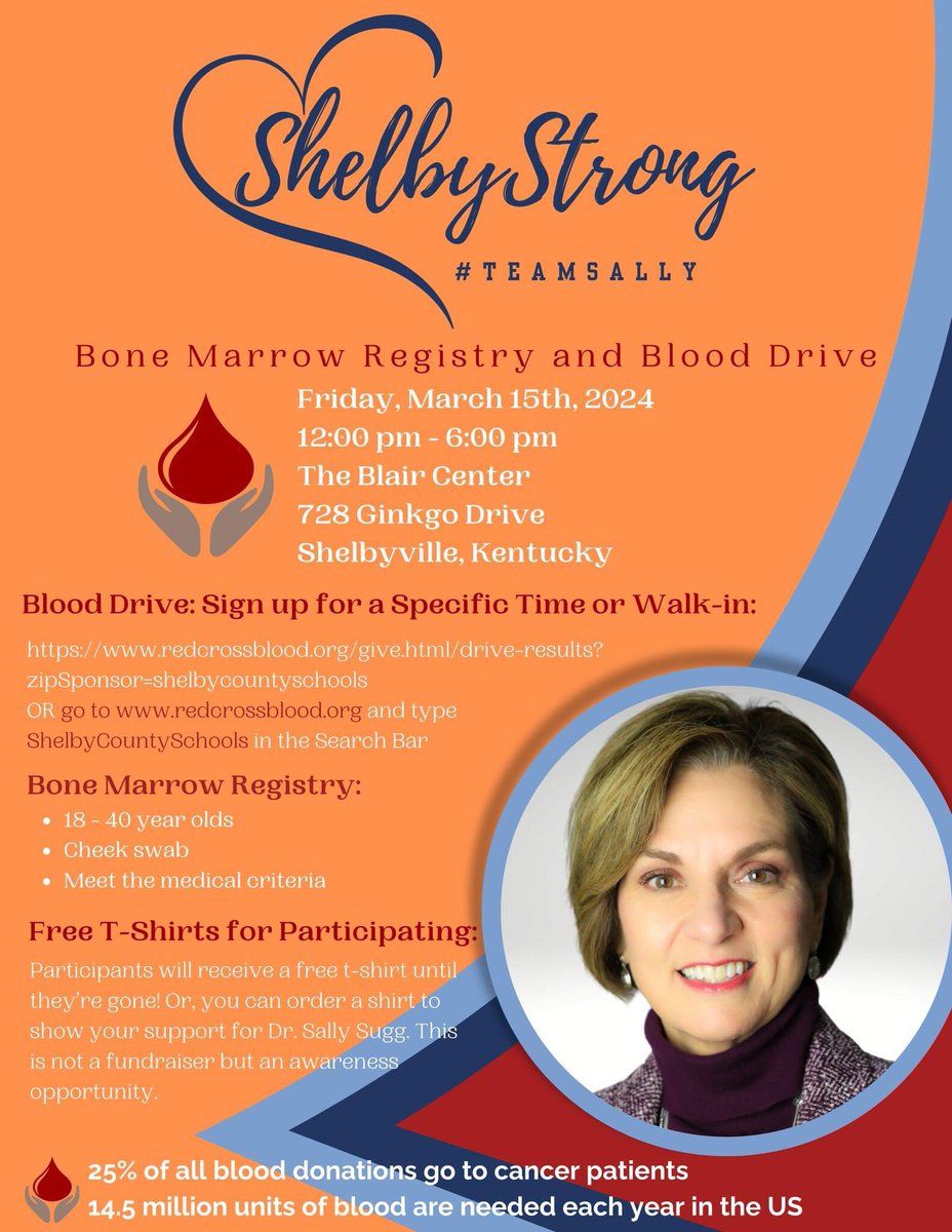 shelbycountysch's tweet photo. Tomorrow is the day! Join SCPS, @RedCross and @BetheMatchCOH as we support @SallyWSugg in her fight against AML! #shelbystrong #shelbyinspired #il3 #teamsally https://t.co/T3Tz6MJJza