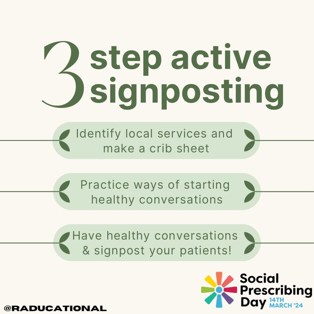🪧 Active signposting could be implemented within your daily practice in just 3 simple steps! 

🗣️ It’s all about having the confidence to start those conversations. You never know where they may lead. 

#SocialPrescribingDay