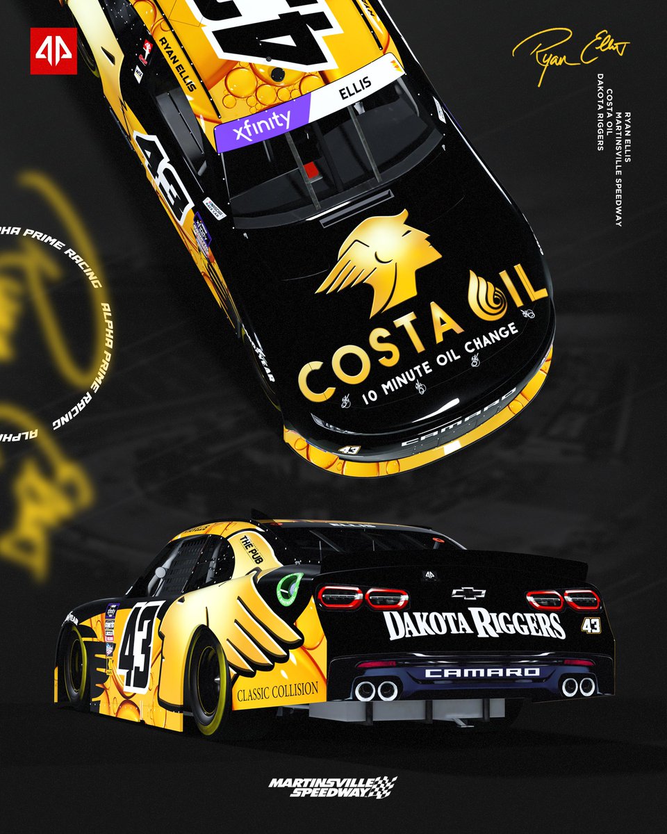 The @CostaOils colors are back with a new look at @MartinsvilleSwy! @DakotaRiggers also joins @ryanellisracing as secondary partner on the #43. #DUDEWipes250 | @XfinityRacing