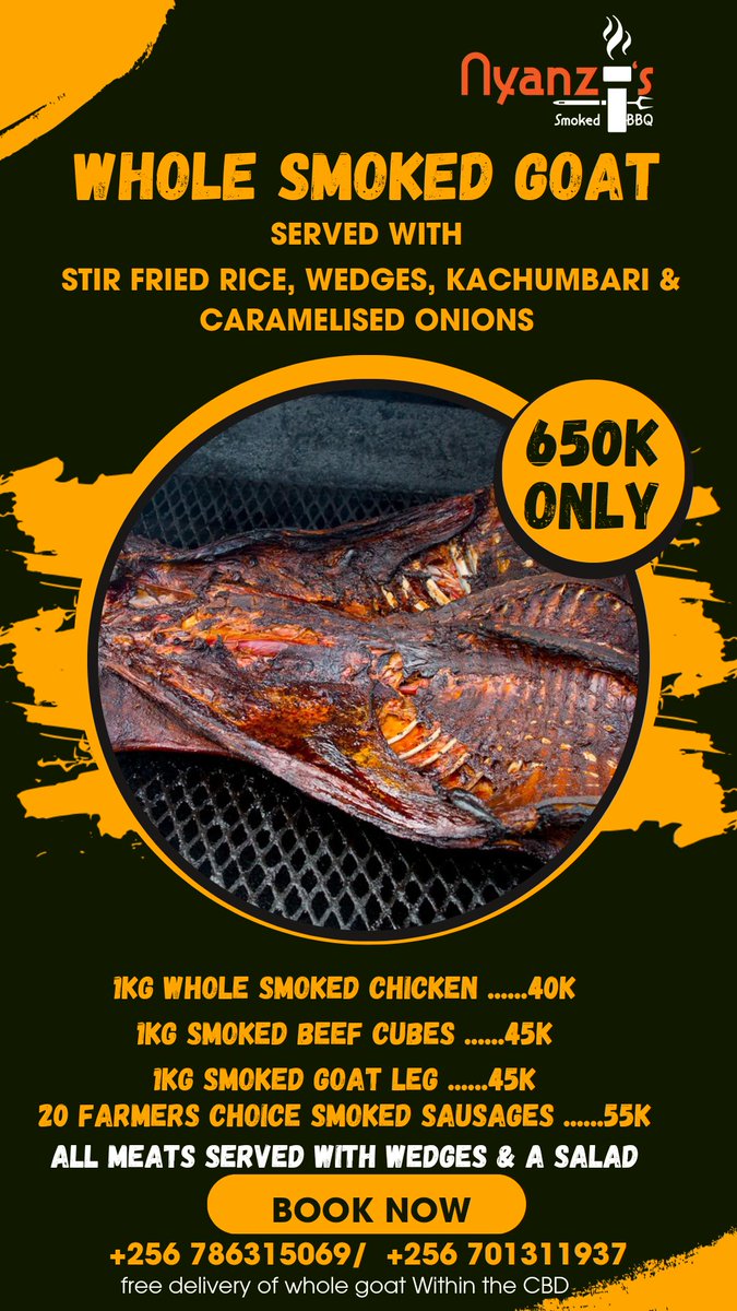 Indulge in a feast fit for royalty with Nyanzi's Smoked BBQ Whole Goat offer! 🔥🐐 For just 650k, enjoy succulent smoked goat served with stir-fried rice, crispy wedges, fresh salad, and caramelized onions. Craving more? Dive into our mouthwatering smoked meats.