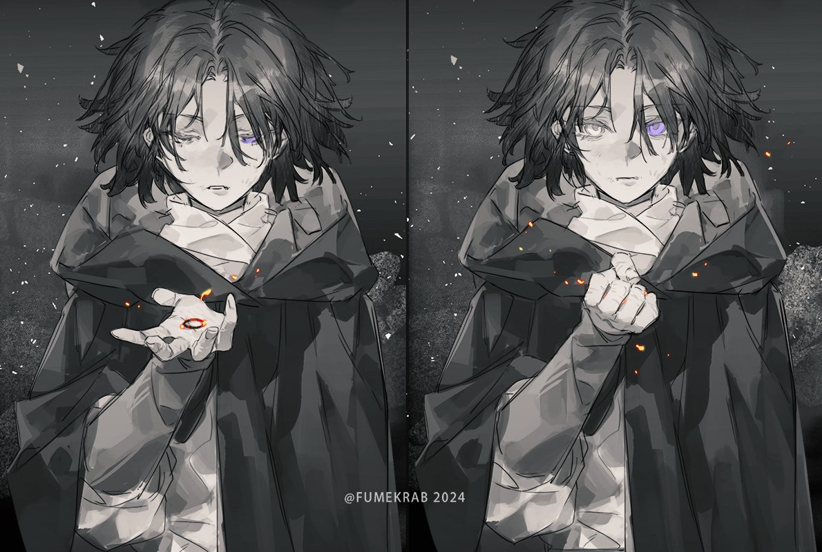looking at viewer short hair black hair long sleeves 1boy closed mouth purple eyes  illustration images