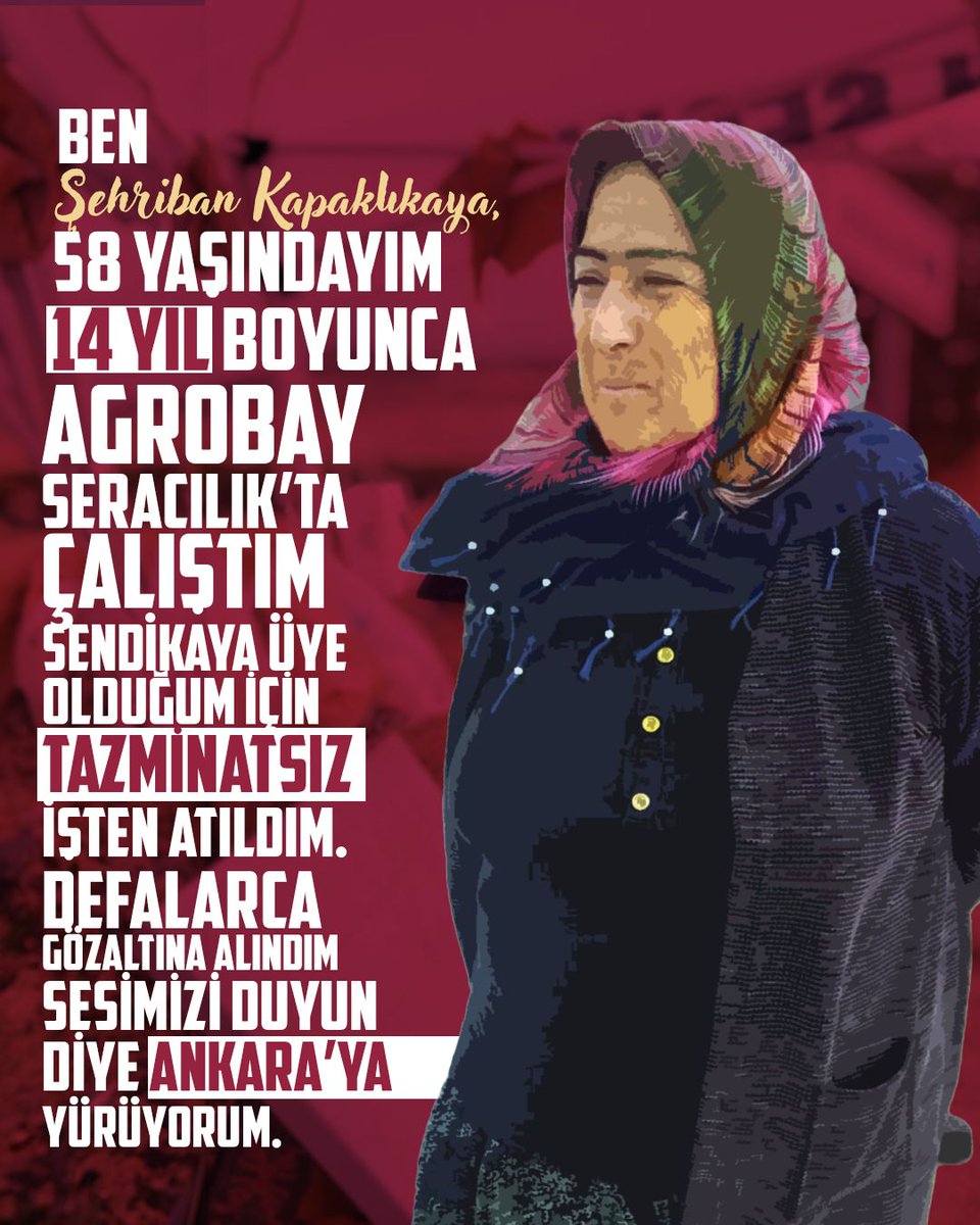 14 yıl çalıştığı Agrobay'dan sendikaya (<a href="/tarimsendikasi/">Tarım-Sen</a>) üye olduğu için tüm hakları gasp edilerek atılan 58 yaşındaki işçi Şehriban Kapaklıkaya Ankara'ya yürüyecek, sesini duyuralım, Agrobay işçilerinin direnişine güç katalım!

#AgrobayİşçileriİleYürü