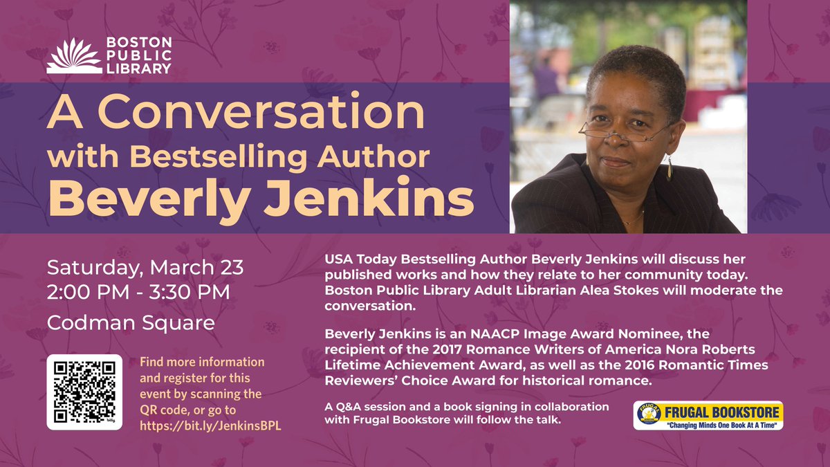 Join us on Saturday, March 23 at the Codman Square Branch for an Author Talk with Beverly Jenkins, @authorMsBev! The USA Today Bestselling Author will discuss her published works and how they relate to her community today. Registration is required. bpl.bibliocommons.com/events/65de1de…