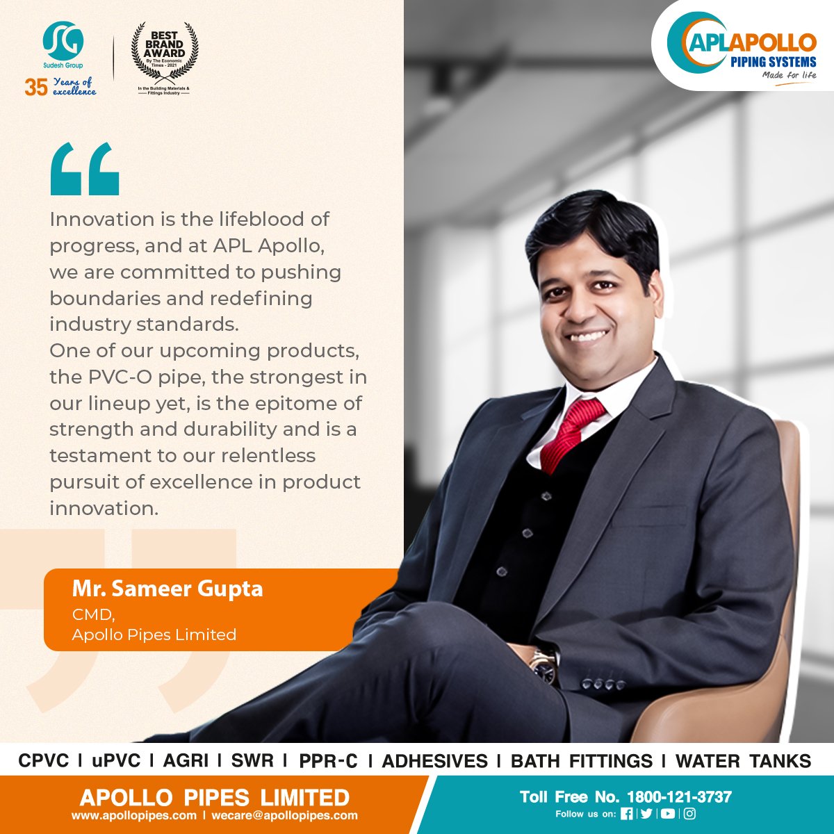 ApolloPipes's tweet photo. Our CMD, Mr. Sameer Gupta, shares his vision for pushing boundaries and setting new standards with each innovation we make at APL Apollo.
#APLApollo #ManagementQuote #ManagementSpeaks #ApolloPipes #NeverCracksUnderPressure #MadeForLife #PipesAndFittings #PipingSystem https://t.co/5pIzXk0t40
