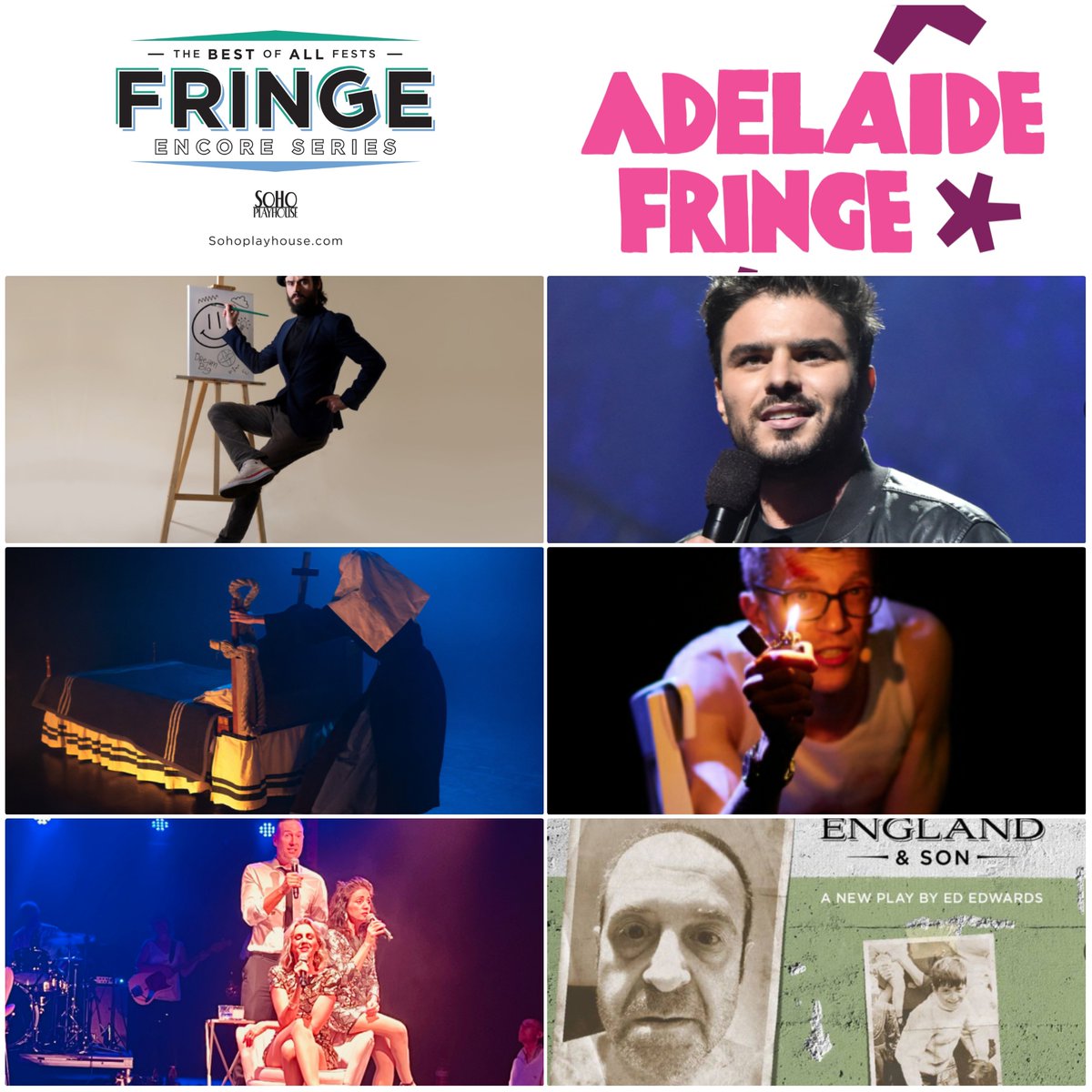 The Official Noms for the 2024/2025 International Fringe Encore Series @Adfringe 
Plenty of Fish In the Sea 
Yipee Ki Yay
England and Son 
Simply Brill 
Amos Gill: Going Down Swinging
Sam Kissajukian: Museum of Modernia Congratulations to all of the nominees