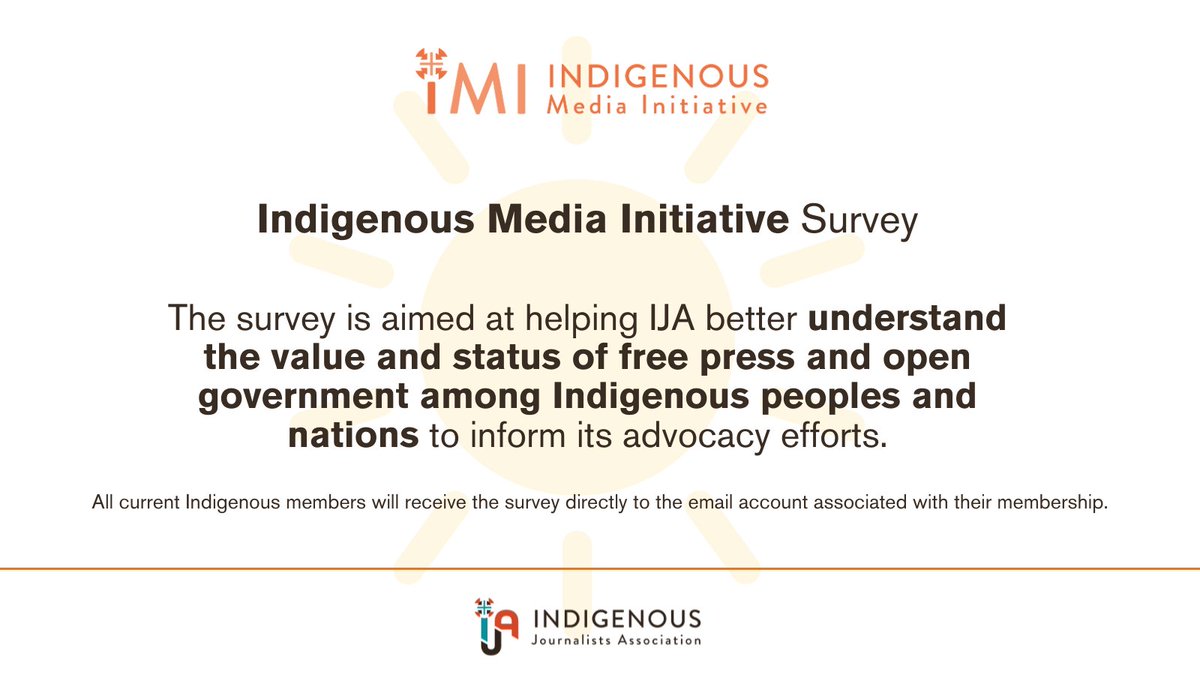 🚨Calling all Indigenous IJA members! The 2024 Indigenous Media Initiative Survey, in collaboration with #SunshineWeek, is now LIVE until 5/3. Share your insights to help the IJA advocate for #PressFreedom & open government among Indigenous communities. - tinyurl.com/2s38482d