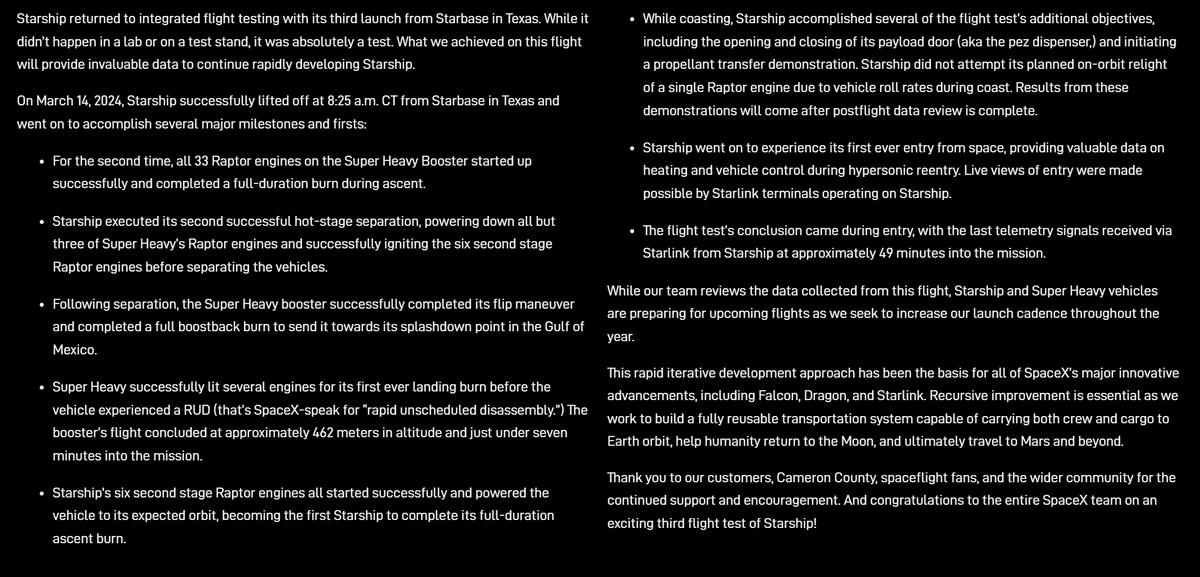 FelixGatfield's tweet photo. NEWS: SpaceX has released a statement regarding today's Starship test flight, IFT-3! https://t.co/gZ94fuvooU