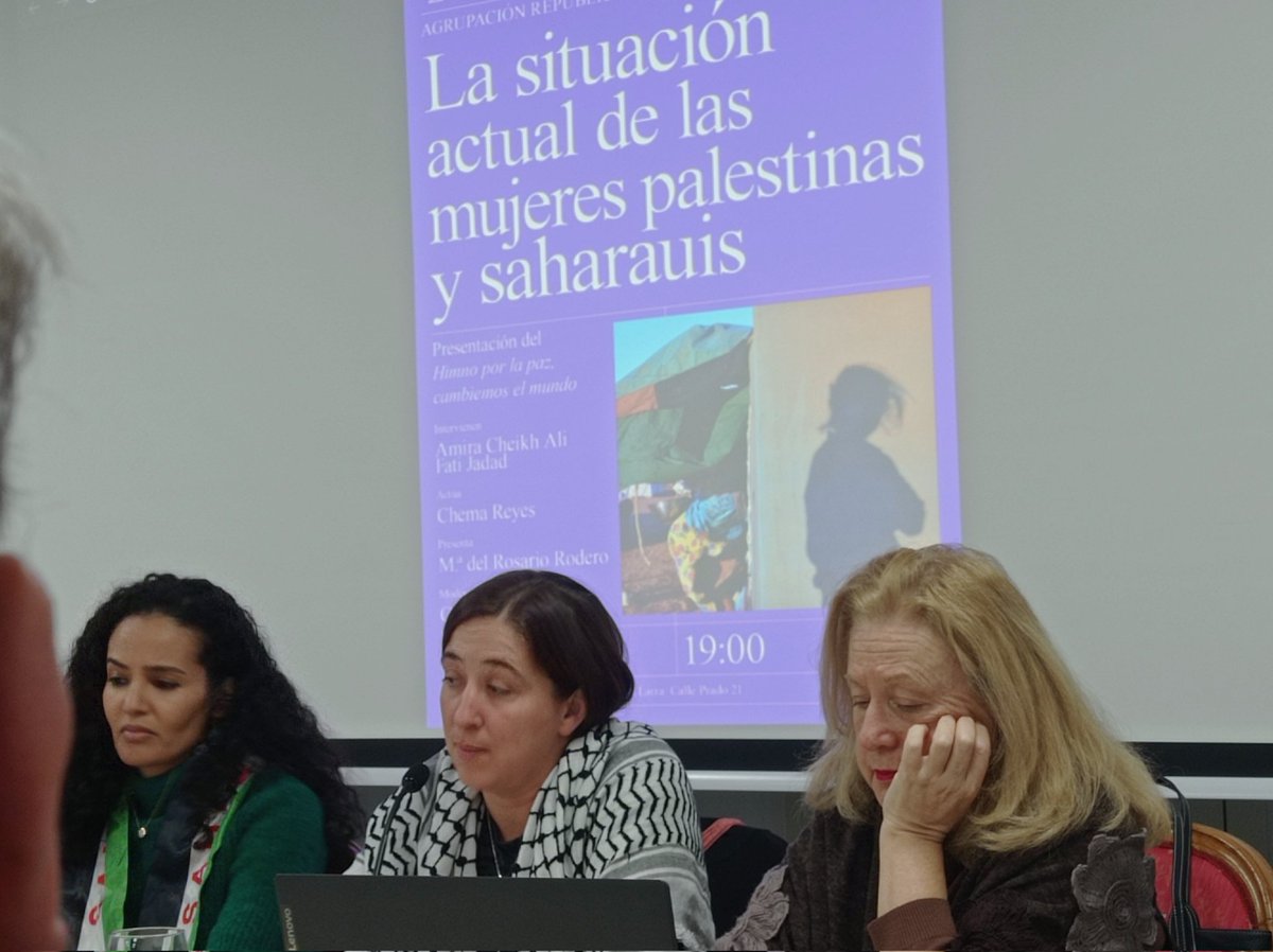 Mujeres #saharauis y #palestinas haciendo frente a la narrativa expansionista de las fuerzas ocupantes #Israel y #Marruecos expandidas por los grandes medios de comunicación. #Resistencia #FreePalenstine #SaharaLibre