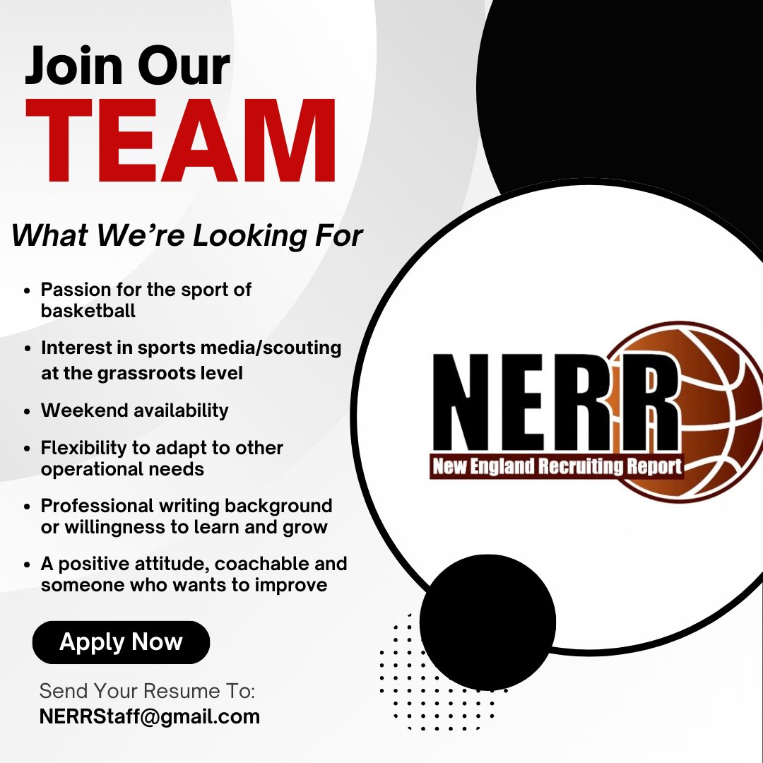 Interested in pursuing a career in basketball?

Join our team at the New England Recruiting Report! 

We're seeking passionate individuals to contribute to our established showcase events, and high school basketball media service.

To apply, please send your resume to
