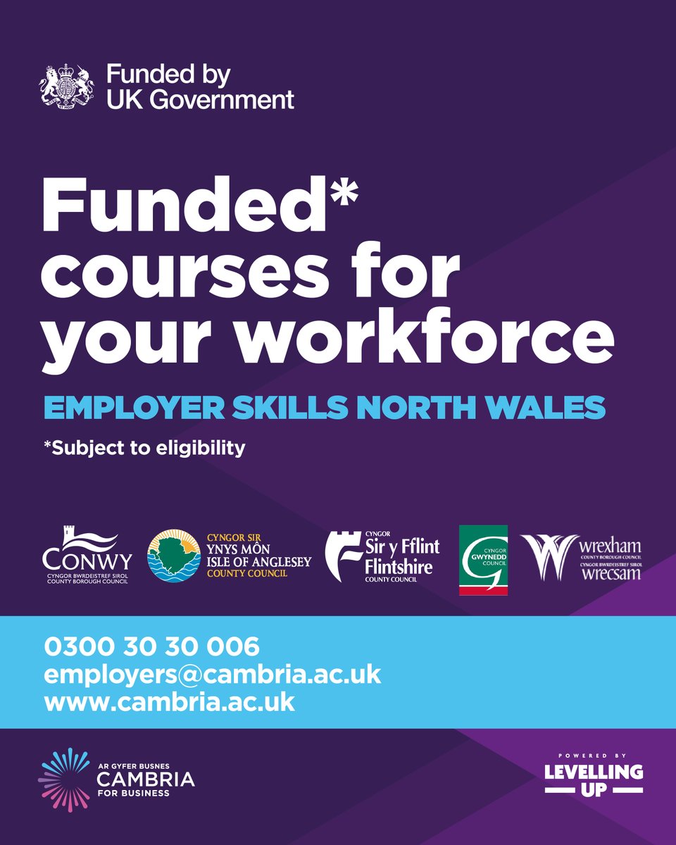 Subsidised* training opportunities await North Wales businesses! 🌟 

From sole traders to large companies, upskill your workforce with our support. 
Find out more: bit.ly/46dXoEp 👈