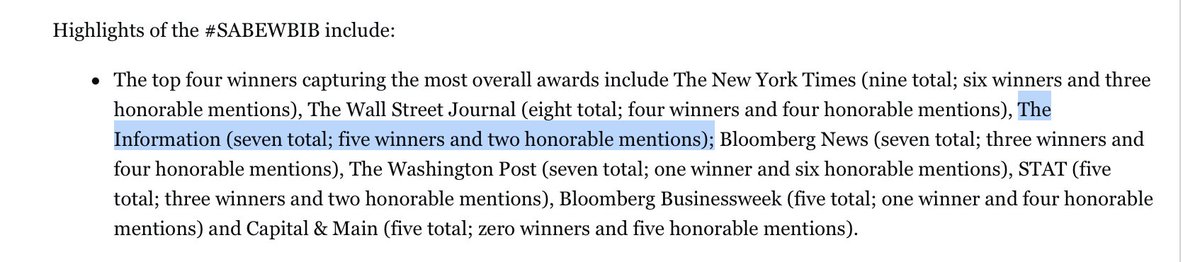 Congratulations to the staff of @TheInformation on 7 awards! Proud to work with such hardworking colleagues