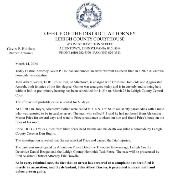 MEDIA RELEASE: Homicide Arrest Today District Attorney Gavin P. Holihan announced an arrest warrant has been filed in a 2023 Allentown homicide investigation. #AllentownPolice