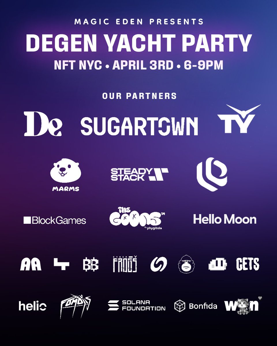 We're running it back.

Degen Yacht Party tickets are now LIVE for April 3rd @ NFT NYC.

To get one, you need a unique password from one of our partners or an ME employee.

magiceden.eventbrite.com