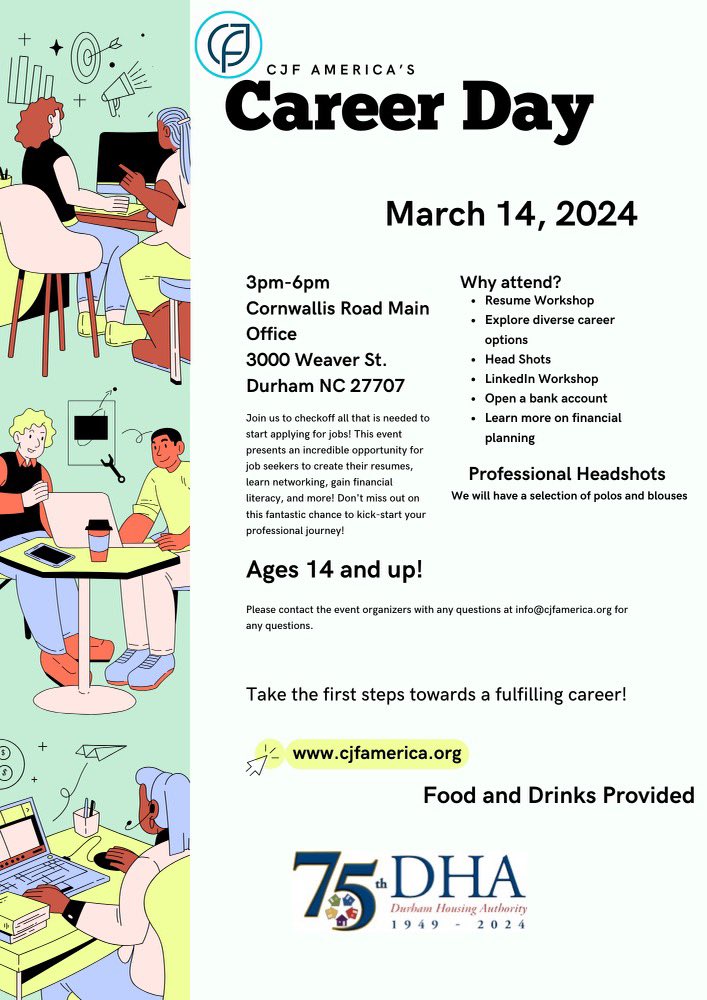 Happy Pi! Need help with finding a job ? Come to career day we will be providing professional attire, setting up professional email accounts, <a href="/LinkedIn/">LinkedIn</a> help, financial literacy + more.

Hoover Road 03.12.24
Oxford Manor 03.13.24
Club Boulevard 03.14.24
Cornwallis Road 03.15.24