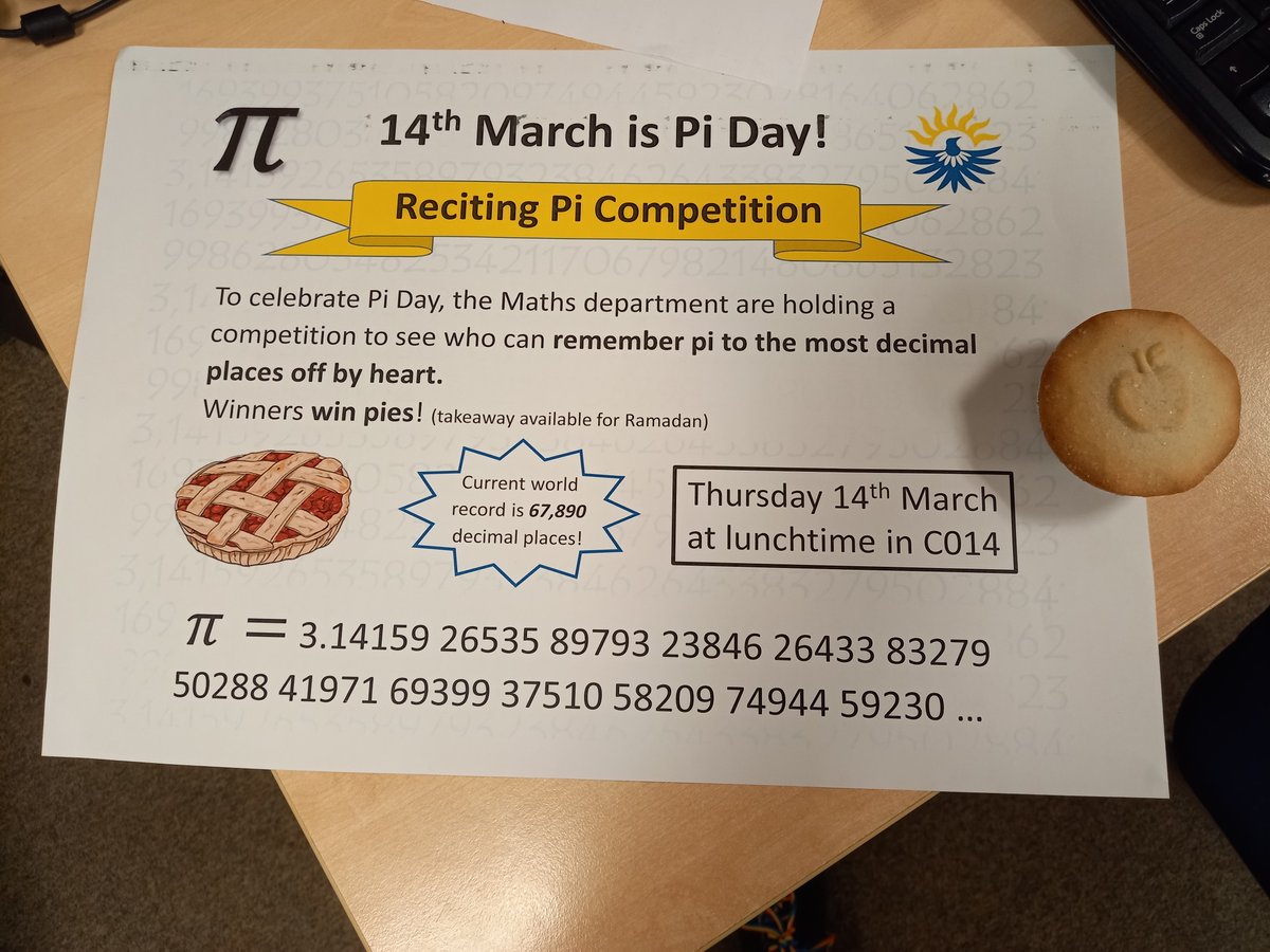 Happy Pi Day: and a round of applause for the student who recited Pi to 150 decimal places. Some pies given out along the way.