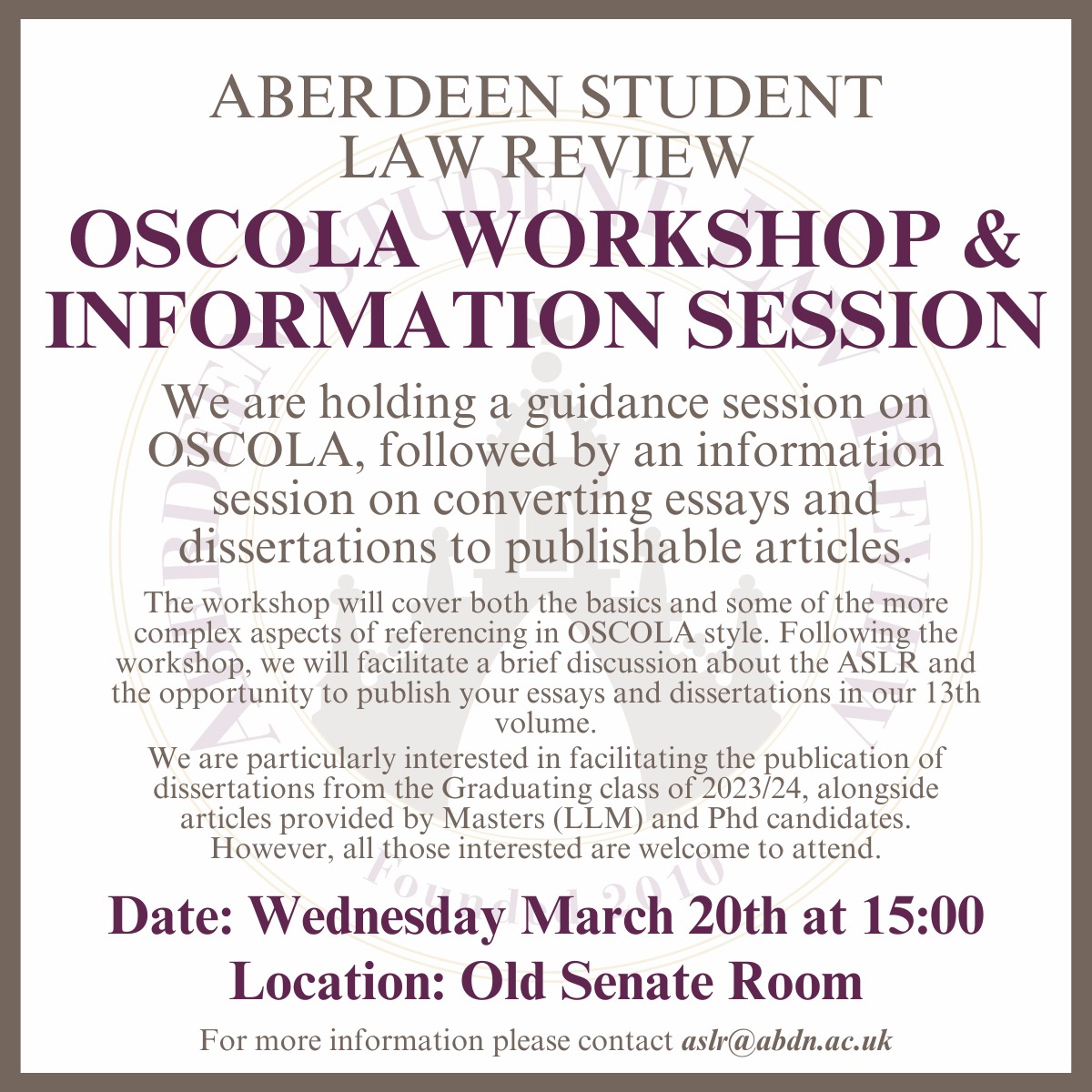 Come along to our OSCOLA workshop and submission info session next Wednesday! #legalresearch <a href="/aberdeenuni/">University of Aberdeen</a> <a href="/AberdeenUniLaw/">Aberdeen Law School</a>