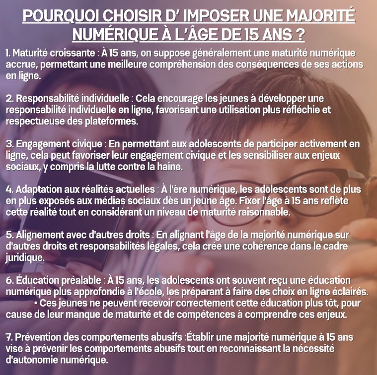 ❓POURQUOI CHOISIR D’IMPOSER UNE MAJORITÉ
NUMÉRIQUE À L’ÂGE DE 15 ANS ? 

Le groupe Aurore vous répond ! 

#PrixBadinterPE
<a href="/ParlementEtudia/">Le Parlement des Etudiants</a>