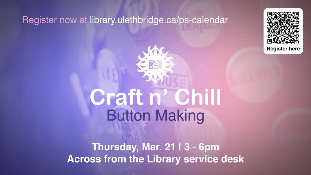 ulethlibrary's tweet image. Craft n&apos; Chill: Button Making

Hang out with other members from the University Community and make buttons!

📅WHEN: Thu, Mar 21; 3–6 p.m.
📍WHERE: Across from the Library Services Desk

🔗 Details &amp;amp; registration @ myexperience.uleth.ca/openEvents.htm…

#ULethbridge #ProjectSandbox