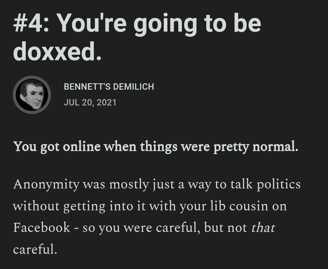 This is a good time to ponder your inevitable doxxing. @extradeadjcb wrote a good piece about this on soobsuck. No matter how good and meticulous your opsec is, if you attract enough attention you will eventually be doxxed. The searchability of the internet, the digitalization…