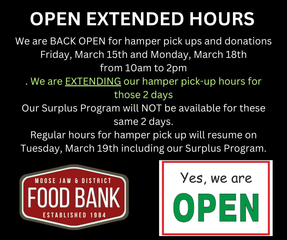mjfoodbank's tweet photo. ITS OFFICIAL.......... Friday, March 15th we will be re-opened.
EXTENDED HAMPER PICK UP TIMES for Friday and Monday from 10am to 2pm.
Our Surplus Program will NOT be available these 2 days.
#backopen #mjfoodbank #citymj #foodhampers #plumbingfixed https://t.co/4dAhdiCI6b