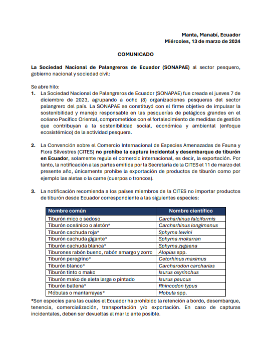 sonapae_ec's tweet photo. 𝗖𝗢𝗠𝗨𝗡𝗜𝗖𝗔𝗗𝗢

La Sociedad Nacional de Palangreros de Ecuador (SONAPAE) al sector pesquero, gobierno nacional y sociedad civil: https://t.co/Q8UpmtZj8U