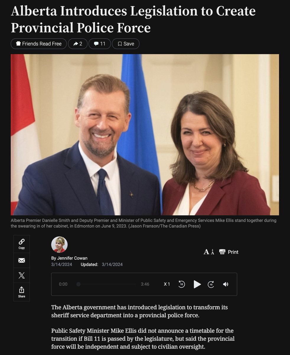 PaulMitchell_AB's tweet photo. Breaking....

"The Alberta government has introduced legislation to transform its sheriff service department into a provincial police force.... the provincial force will be independent and subject to civilian oversight."

This is a very good first step, but it doesn't yet replace Ottawa's RCMP in Alberta.

Once the new Alberta Police force is properly trained and staffed, I HIGHLY recommend the government of Alberta take the next step. Ottawa's RCMP long ago wore out their welcome in Alberta, and the last thing we need is Trudeau pulling their strings to bully Alberta and coerce what the Liberal government wants.

Let's get things done ASAP with the Alberta Police force, and then give the RCMP the permanent boot.  What a great day that would be!

https://t.co/2h4y9mcAce