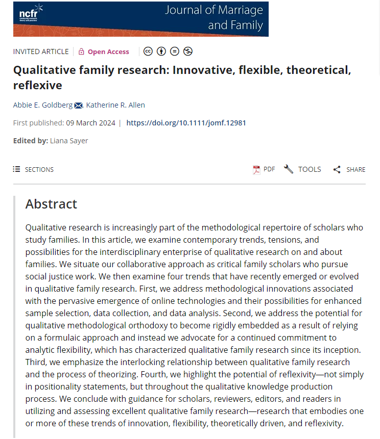 New baby (paper) alert! Just published online in Journal of Marriage and Family: QUALITATIVE FAMILY RESEARCH: Innovative, Flexible, Theoretical, Reflexive. Open access at doi.org/10.1111/jomf.1….