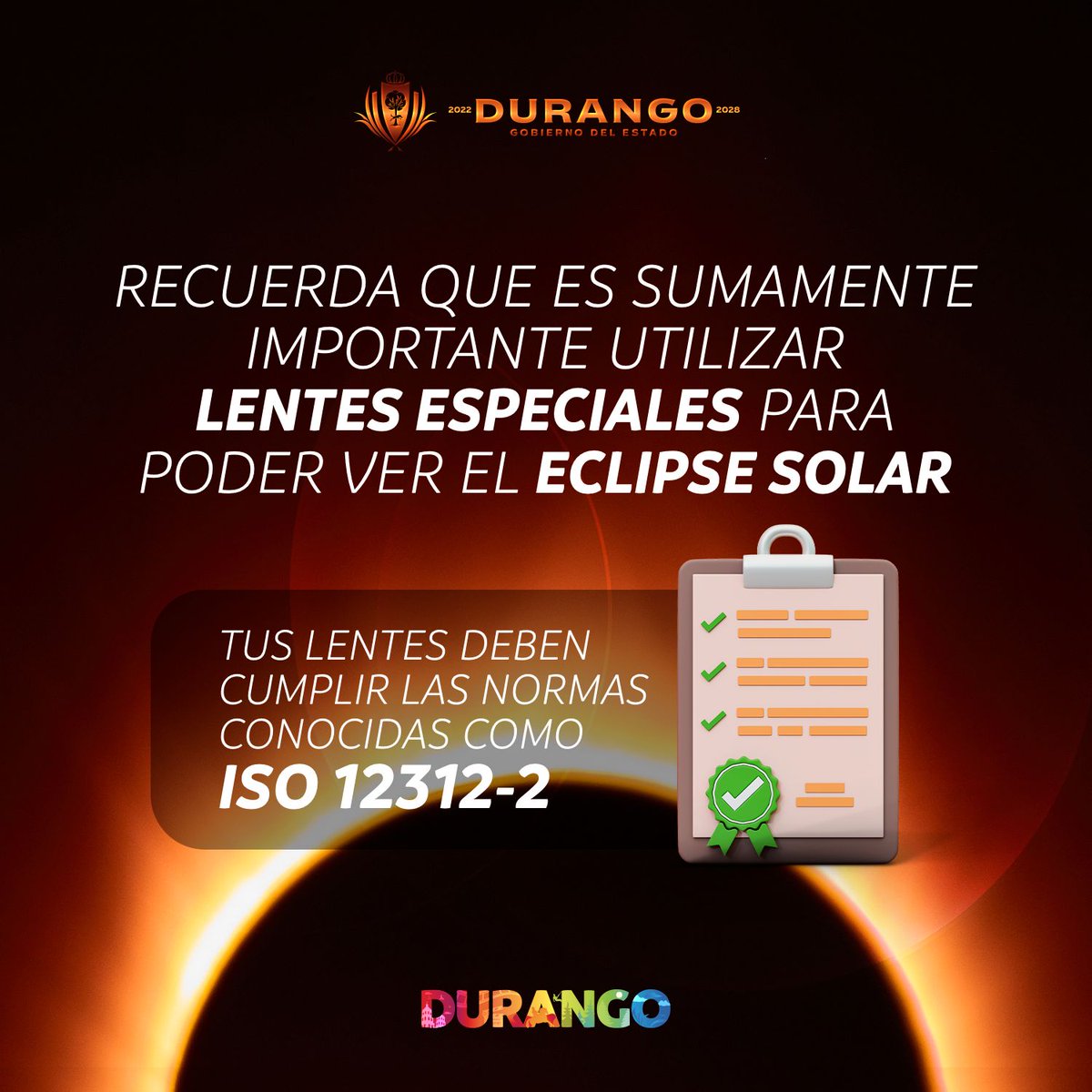 dgosectur's tweet photo. 🌕🌗🌘🌑Este 8 de abril queremos que disfrutes de este gran fenómeno astronómico, y también ¡queremos cuidarte!, por eso no olvides tus lentes ISO 12312-2, los cuales son indispensables para poder admirar la belleza que estos cuerpos celestes nos proporcionaran. 🌞🌜
#Eclipse2024 https://t.co/aX9b8v4LJ3