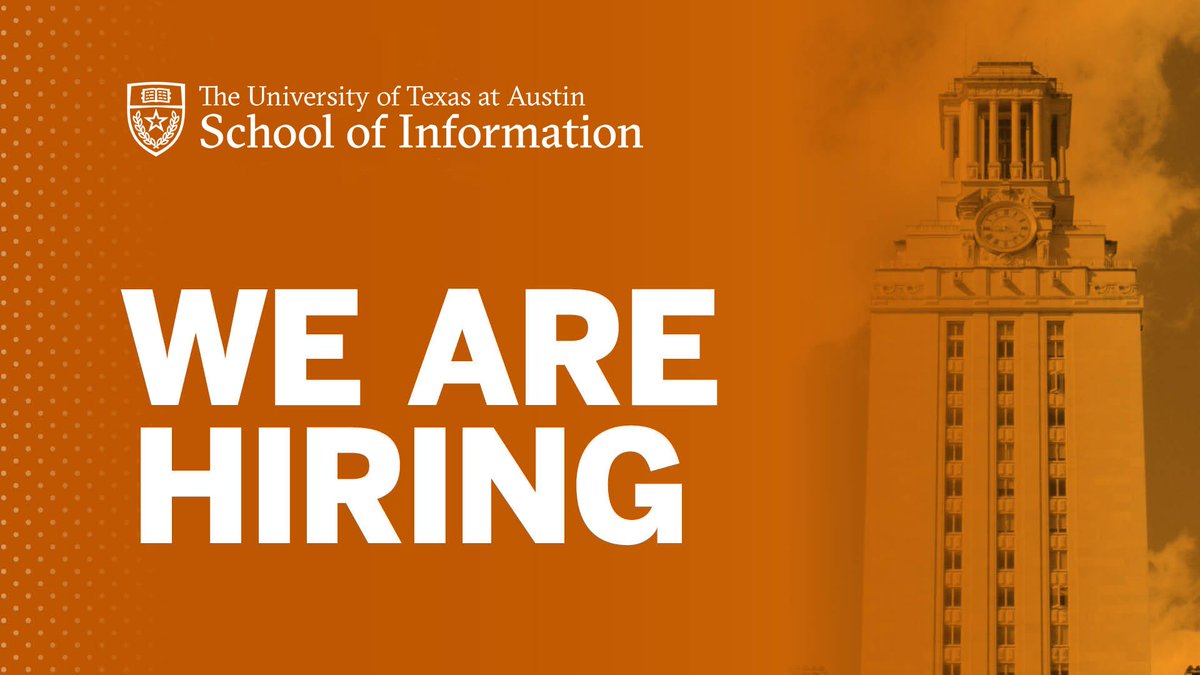 We're hiring! Multiple full-time postdoctoral research and teaching fellowships are available: ischool.utexas.edu/about/jobs Applications submitted by April 10, 2024 will be given priority consideration. #higheredjobs #postdoc #teaching #research