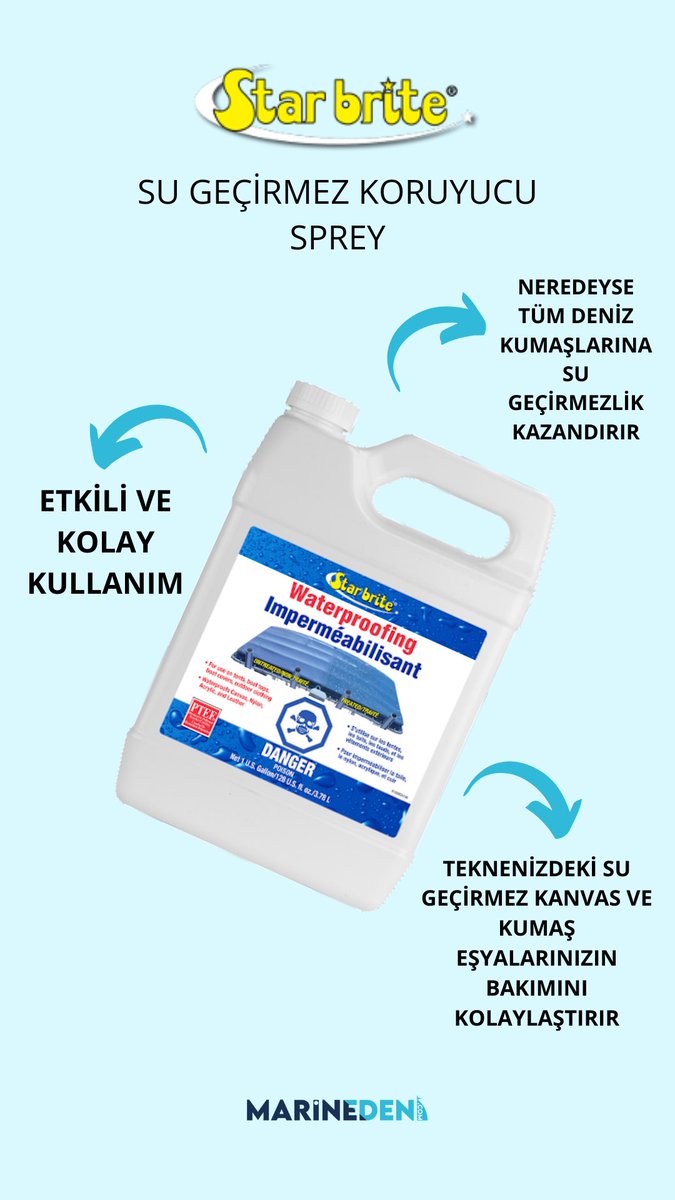 marinedencom's tweet photo. Su geçirmez koruyucu sprey starbrite ile tanışmış mıydınız ? Kötü hava koşullarına karşı güçlü bir savunma sağlayarak neredeyse tüm deniz kumaşlarına su geçirmezlik kazandırır. Bu ürüne kampanya siteniz marineden ile sahip olabilirsiniz. https://t.co/1o3QwzUWxJ