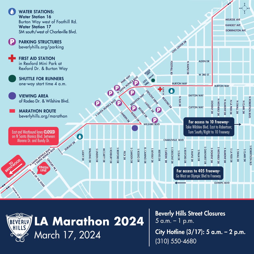 The LA Marathon will be Sunday, March 17, 2024. Please note, there will be various street closures impacting N and S Santa Monica Blvd., Burton Way, Doheny Dr., Rexford Dr., Rodeo Dr., Wilshire Blvd. and Moreno Dr. More at beverlyhills.org/marathon.