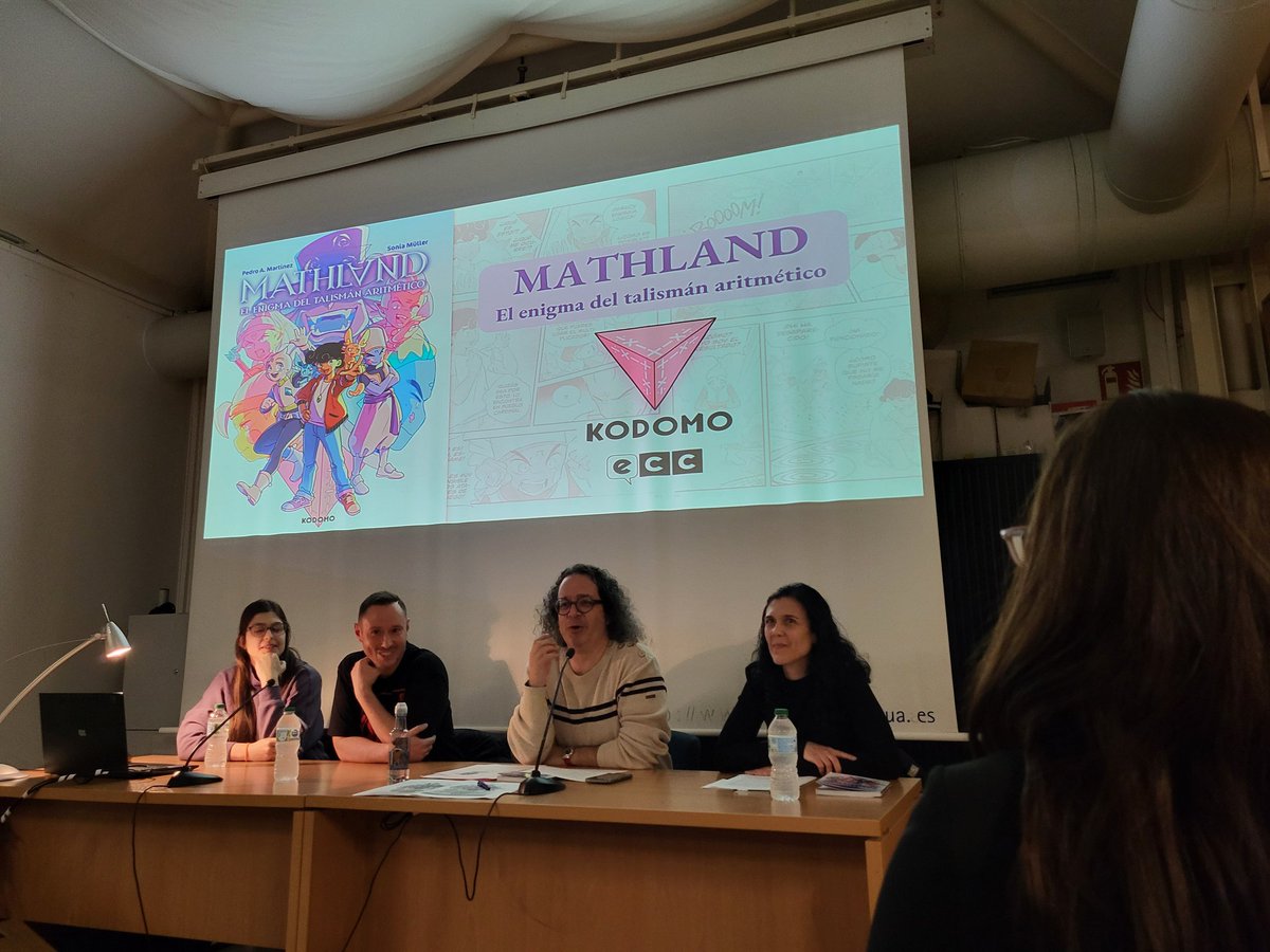 ballpa's tweet photo. Presentación del cómic #Mathland de Pedro Antonio Martínez Ortiz y Sonia Müller; acompañados de Ceneida Fernández Verdú, Directora del Departamento de Innovación y Formación Didáctica, y José Rovira Collado, Secretario Académico del #AuladeCómic https://t.co/pBsELfyAYs https://t.co/4UTBXti0P2