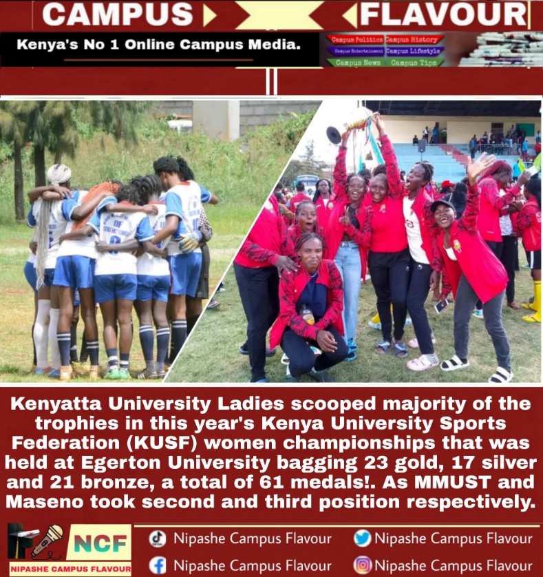 NiCampusFlavour's tweet photo. Kenyatta University Ladies'scoop majority of the trophies in this year's #Kusf Championship.

Mmust &amp; Maseno emerge 2nd and 3rd respectively.

🔝; #NiCampusFlavour, Helb, juja, Vybz Kartel https://t.co/96KD1dKVEy