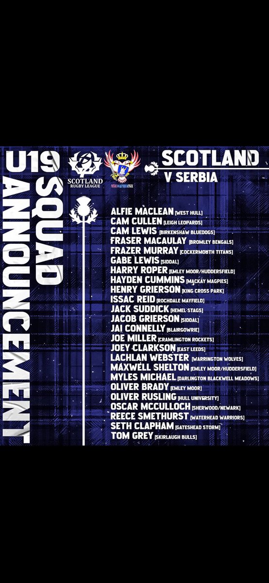 Congratulations to Harry, Max and Ollie in their selection to <a href="/scotlandrl/">Scotland Rugby League 🏴󠁧󠁢󠁳󠁣󠁴󠁿</a> U19’s squad for the European RL international taking place in Serbia 👏🙌