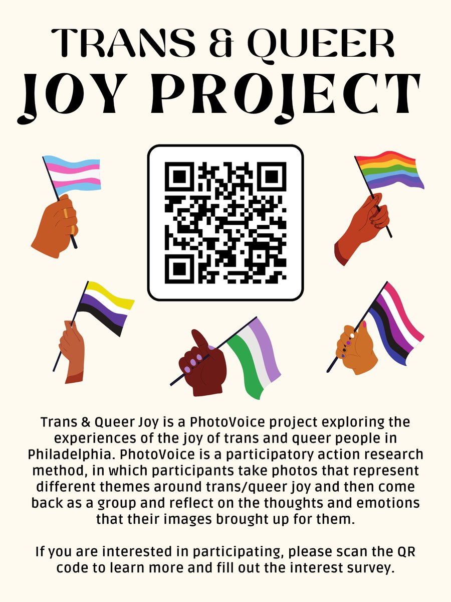 ‼️ Philadelphia folks please share with your networks and communities! We are recruiting participants for a Photovoice project on Trans & Queer Joy based in Philly🙂🏳️‍⚧️🏳️‍🌈 bitly.ws/3fSAM