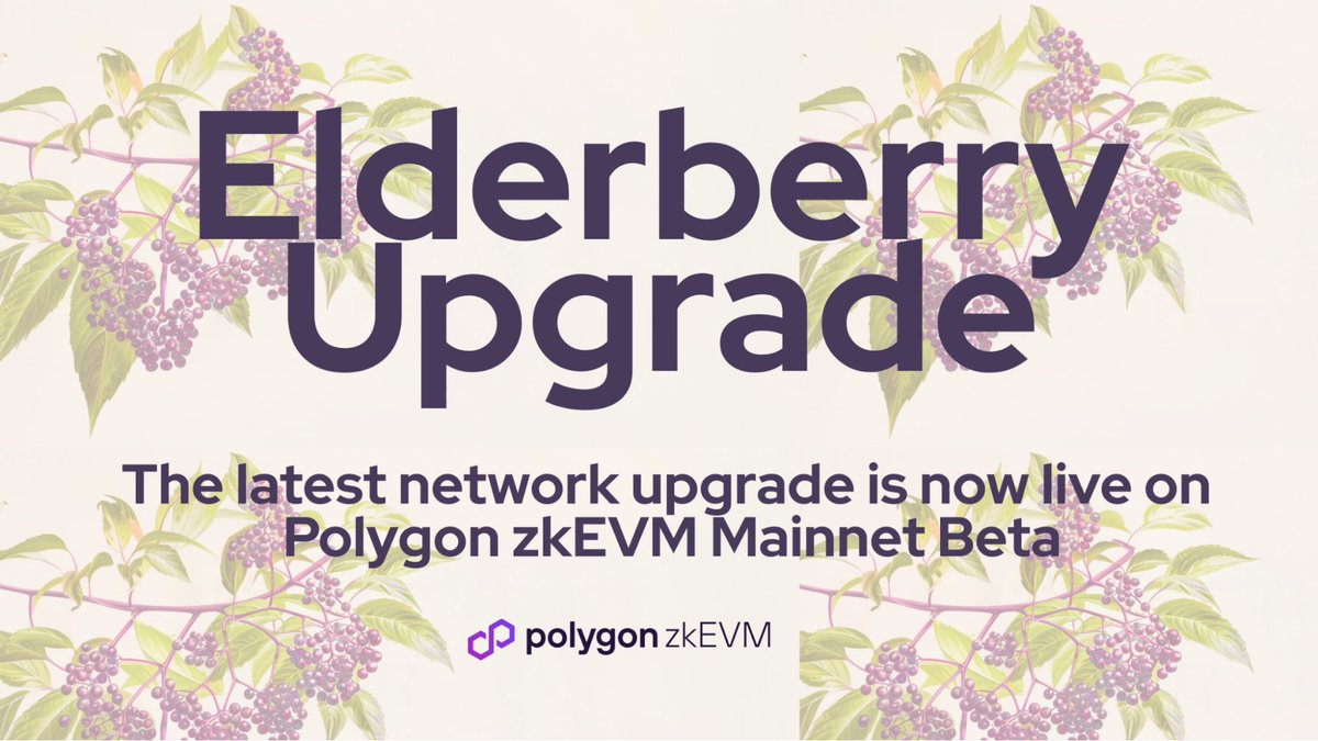 The Elderberry upgrade is now live on Polygon zkEVM Mainnet Beta. The upgrade brings ROM optimizations that will reduce certain out-of-counter errors on the network. End users do not need to take any action, but infra devs need to update to the latest node and prover. For repos