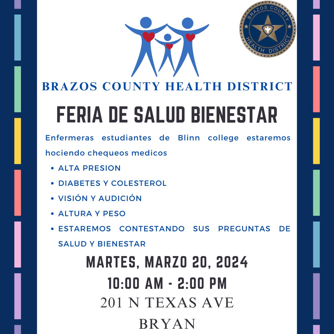 Make plans now for the return of Blinn Nursing School students at the Brazos County Health District.  Next Wednesday from 10-2!