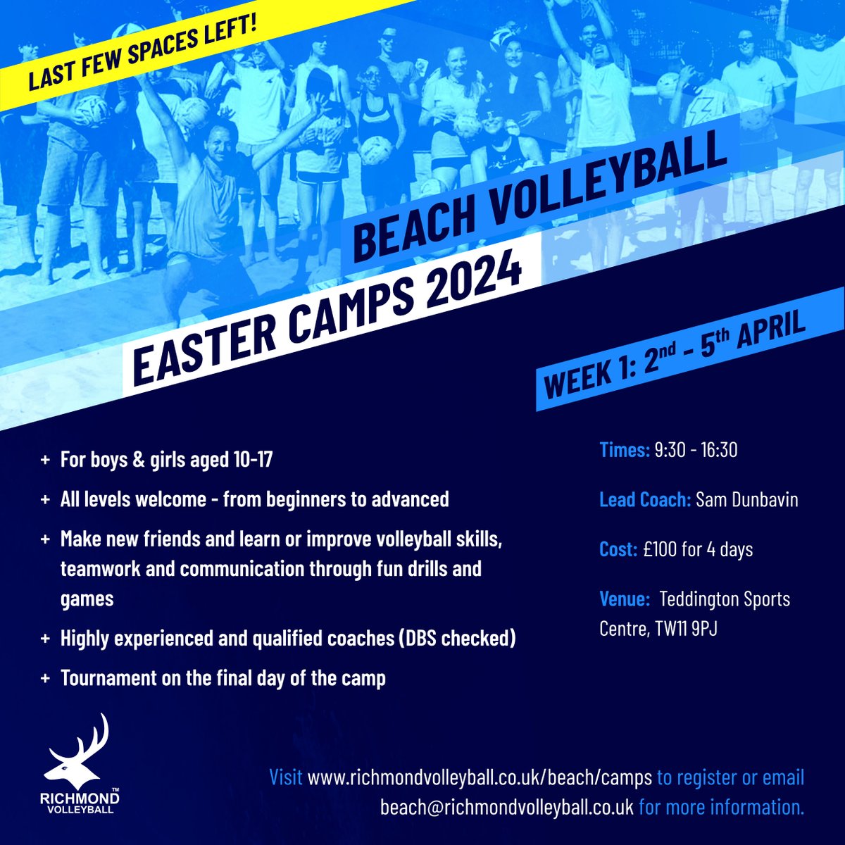 Richmond Volleyball (@rvb_london) on Twitter photo We have just the last few spaces left for our Easter Holiday Beach Camp Week 1 at <a href="/TeddingtonSport/">Teddington Sports Centre</a> with lead coach Sam Dunbavin.
Sign up quickly to avoid missing out: richmondvolleyball.co.uk/beach/camps
#teddington #juniorsport #BeachVolleyball #richmond #beachvolley #eastercamp We have just the last few spaces left for our Easter Holiday Beach Camp Week 1 at <a href="/TeddingtonSport/">Teddington Sports Centre</a> with lead coach Sam Dunbavin.
Sign up quickly to avoid missing out: richmondvolleyball.co.uk/beach/camps
#teddington #juniorsport #BeachVolleyball #richmond #beachvolley #eastercamp