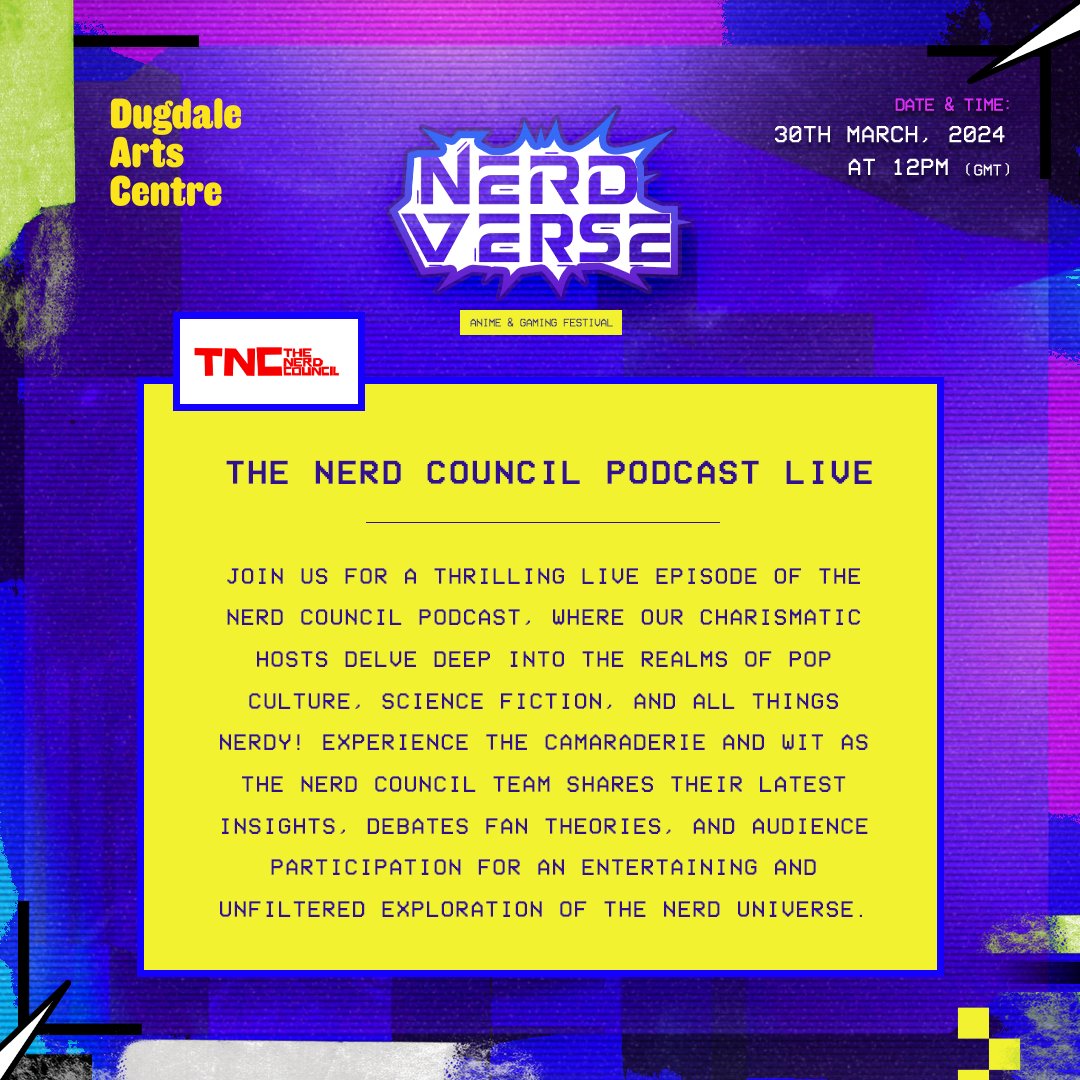 Nerd alert! Get ready to geek out! @thenerdcouncil is dropping their new season LIVE at Nerdverse, and you HAVE to be there. This is your exclusive chance to be part of the action. Book NOW! dugdaleartscentre.co.uk #comiccon #cosplay #anime #podcast #nerd #enjoyenfield