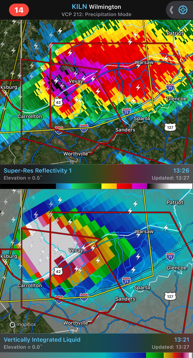 LiveStormsMedia's tweet photo. Tornado producing storm on the Ohio a River with MASSIVE hail potential. #TornadoWarning for Carroll, Gallatin, Owen, #Kentucky and Switzerland, #Indiana until 3 ET. #kywx #inwx https://t.co/7MFBs3KPoE