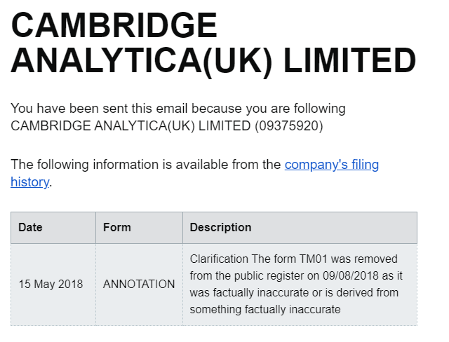 cynthiao's tweet photo. It's getting even more interesting at @companieshouse
#CambridgeAnalytica #SCLElections https://t.co/dfpmzCDCW5