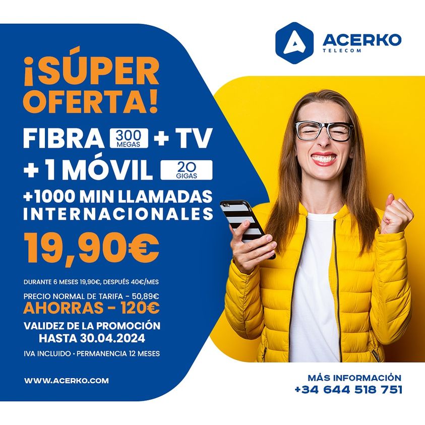 AcerkoT's tweet photo. 📷 FIBRA (300 mg) + TV + 1 MÓVIL (20 gig) +1000 MIN DE LLAMADAS INTERNACIONALES
📷 19,90€ 📷
Durante primeros 6 meses: 19,90€/mes, después: 40€/mes.
Permanencia 12 meses.
PRECIO NORMAL DE TARIFA - 50,89€ (AHORRAS 120€) 
📷 IVA INC
📷Validez de la promoción hasta 31/04/2024 https://t.co/6nEQ73KfKj