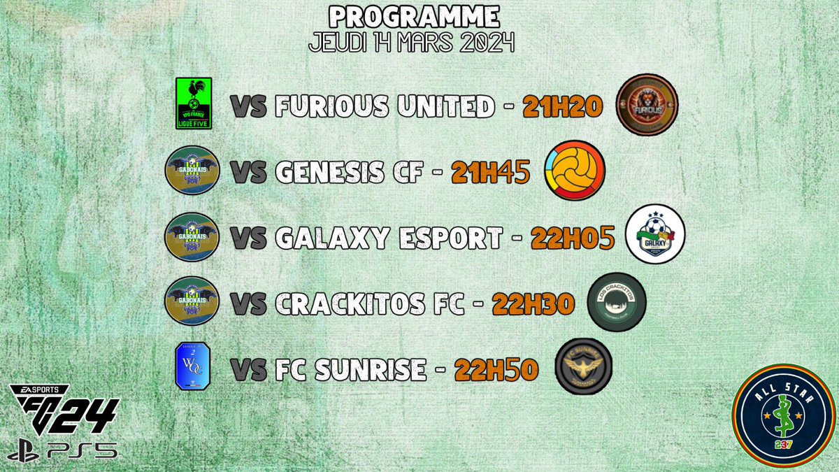 ALLSTAR237_'s tweet photo. 🗓️ Programme 🗓️
 
Voici notre compo de la soirée.

Aujourd’hui marque la fin de saison en @WOC_TOURNAMENT, @VPGFrance_.
On essaie de terminer la saison en beauté😤.

Let’s go ALL STARS🌟!

Bonne chance à nos opps!🤝🏾
@FuriousUnited
@GalaxyEsportSn
@FCSunrise
@CrakitosFC
#GenesisCF https://t.co/ozpQYLCyYZ