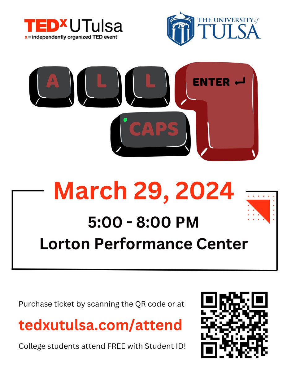 🎫 GET TICKETS NOW to attend TEDxUTulsa 2024: ALL CAPS on March 29th from 5-8 PM 🎫 

College students enter for FREE with student ID! Spread the word, you don’t want to miss out!