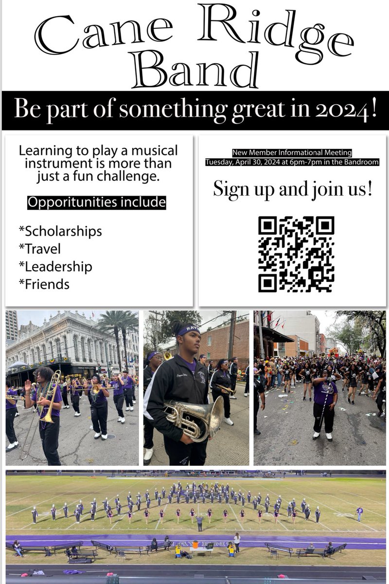 Be apart of something great for the 2024-2025 School Year! Scholarships 💵 for College, Travel with Friends, Learn Leadership Skills and make new Friends!!! WE WANT YOU!!! New Member Informational Tuesday, April 30th from 6pm-7pm in the Bandroom. @CaneRidgeHS @CRHSschoolcoun1