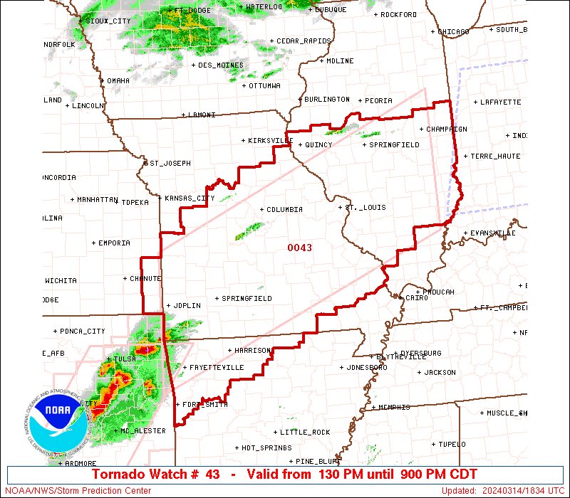 1:35pm CDT #SPC_Watch WW 43 TORNADO AR IL KS MO 141830Z - 150200Z, #arwx #ilwx #kswx #mowx, spc.noaa.gov/products/watch…